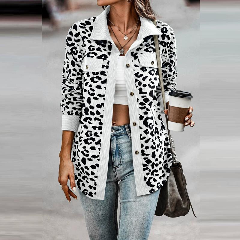 Flip Collar Cardigan Long Sleeved Leopard Printed Coat Women's Button Up High Street Fashion Autumn Jacket