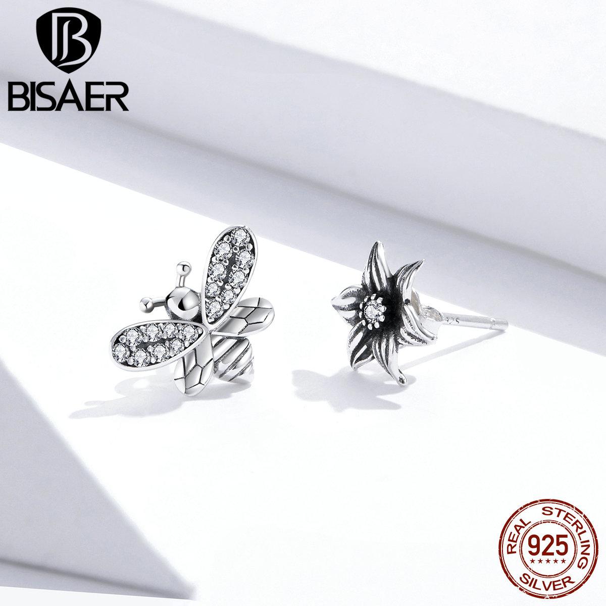 

BISAER Ретро стерлингового серебра 925 пробы цветок с CZ пчела женские серьги-гвоздики изящные ювелирные изделия подарок 925 silver