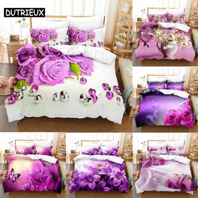Lila Blomma Påslakanset Dubbelsäng 200x200 Tunt Blommigt Sängklädesset 3 st 2 st med Örngott Enkelt Påslakan 220x240
