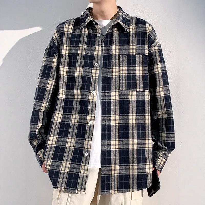 Spring and Autumn New Style Shirt Men's Long Sleeve Japanese Retro Loose Jacket Trendy Loose All-Match Plaid Shirt Men