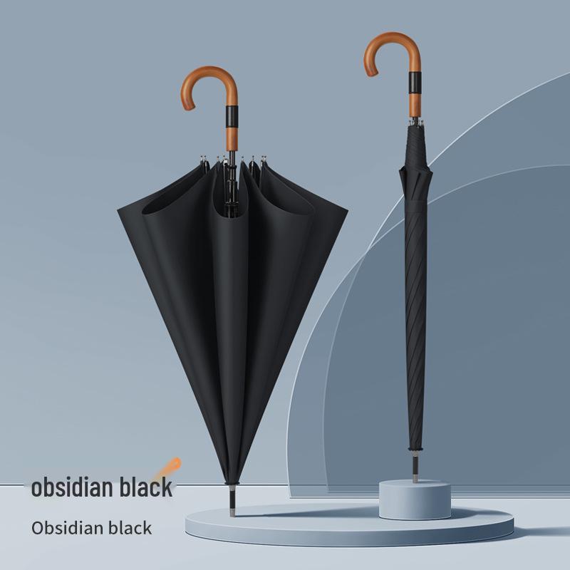 Dubo Extra-Großer 16-Speichen-Holzschirm mit gebogenem Griff - Verstärkt, Verdickt, Business-Sturmsicher für Herren