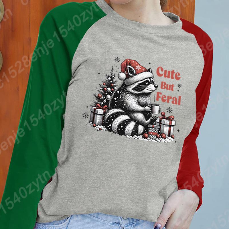 

Women Pullover Christmas Racoon Cute But Feral Print Long Sleeve O-Neck Top XL