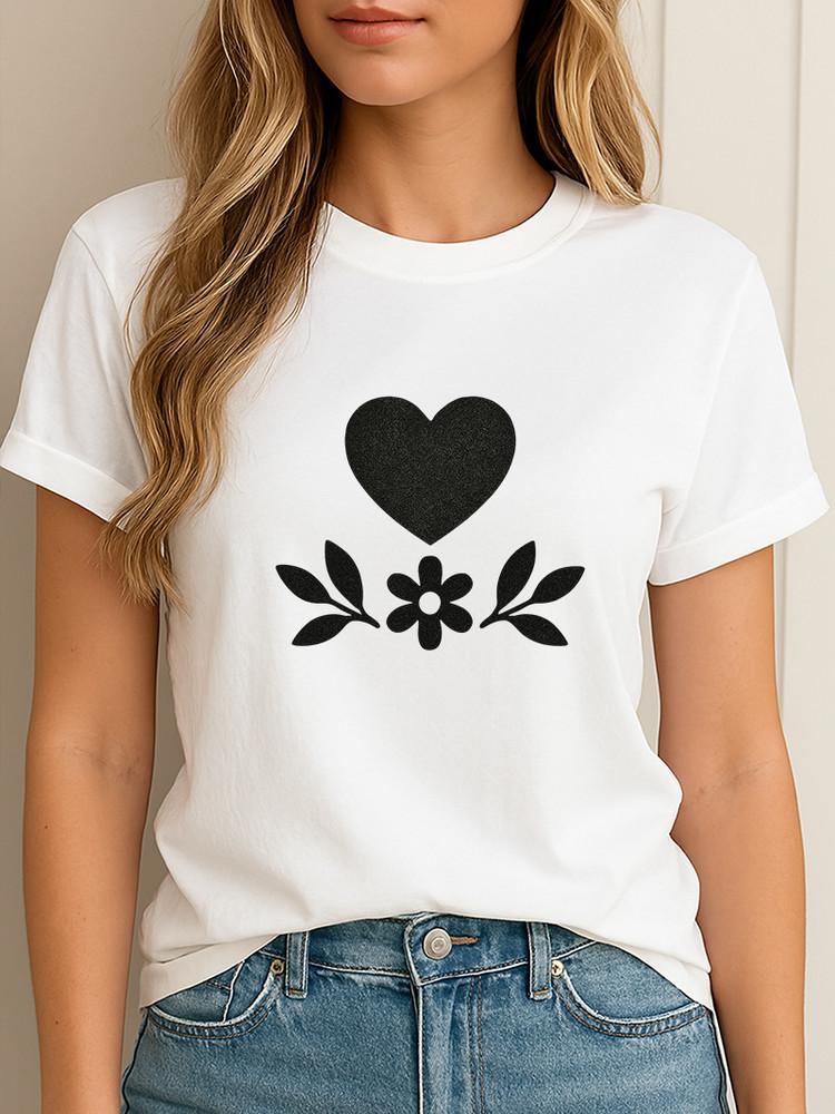 Minimalist Heart & Flower T-Shirt Cute Black Graphic Casual Style Tee Unisex T-Shirt XXXXL
