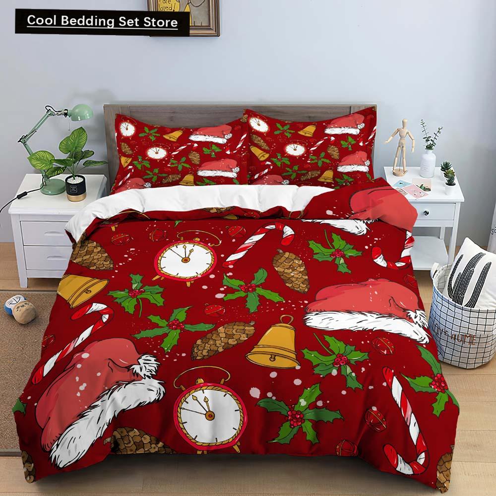 3D Christmas King Queen Duvet Cover Set Kids Cartoon Merry Christmas Red Quilt Cover 2/3pcs Polyester Beddings Set Single Double