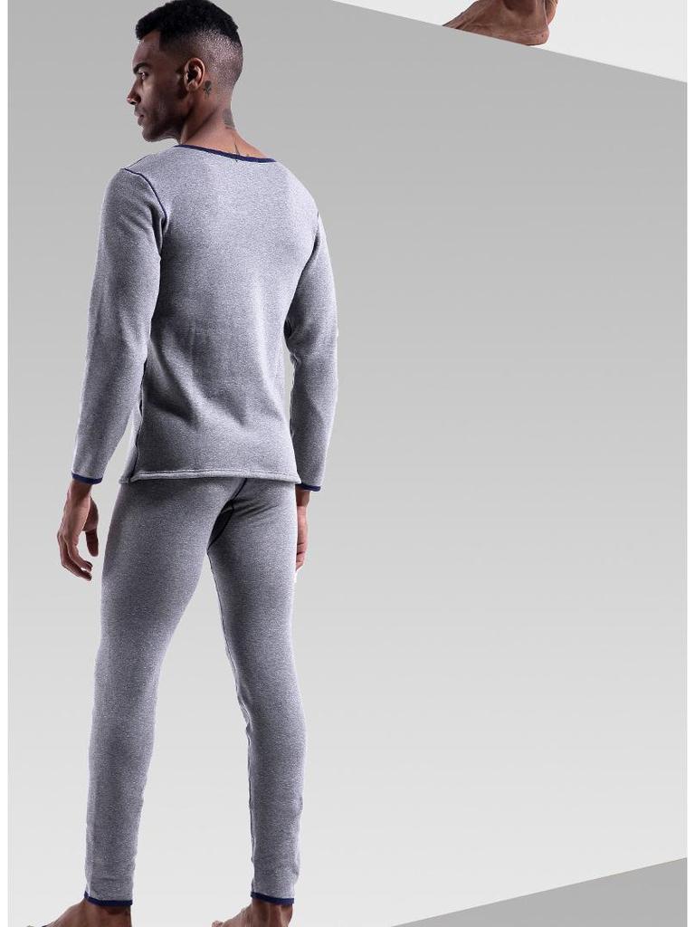 Men's Thermal Low-Neck V-Neck Cotton Suit: Velvet-Lined Sweater & Pants for Autumn/Winter