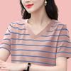 Sommer V-Ausschnitt Oberteil Baumwolle Gestreift Kurzarm T-Shirt Damen Locker T-Shirt
