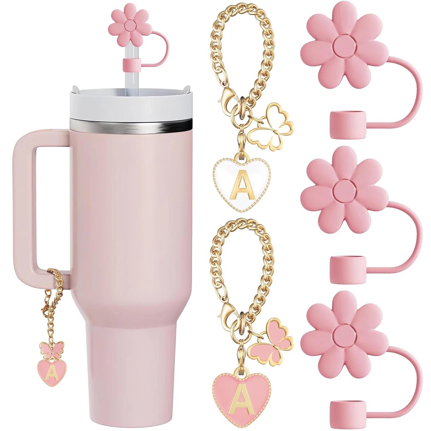 

5Pcs For Stanley Pink Flower Straw Cover Dust Stopper Straw Cap Love Letter Pendant Butterfly Pendant Cup Chain