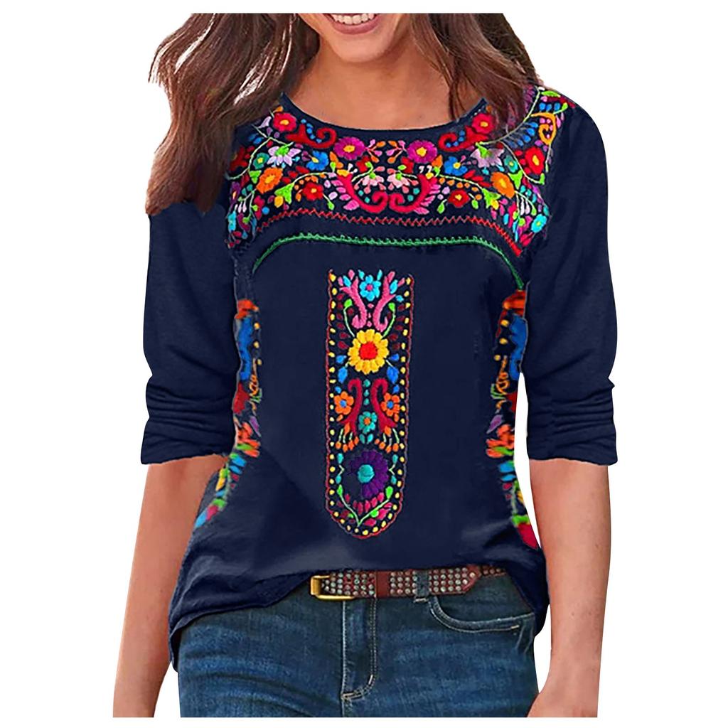 Women's  Ethnic Bohemian Print Round Neck Long Sleeve Loose T-Shirt
