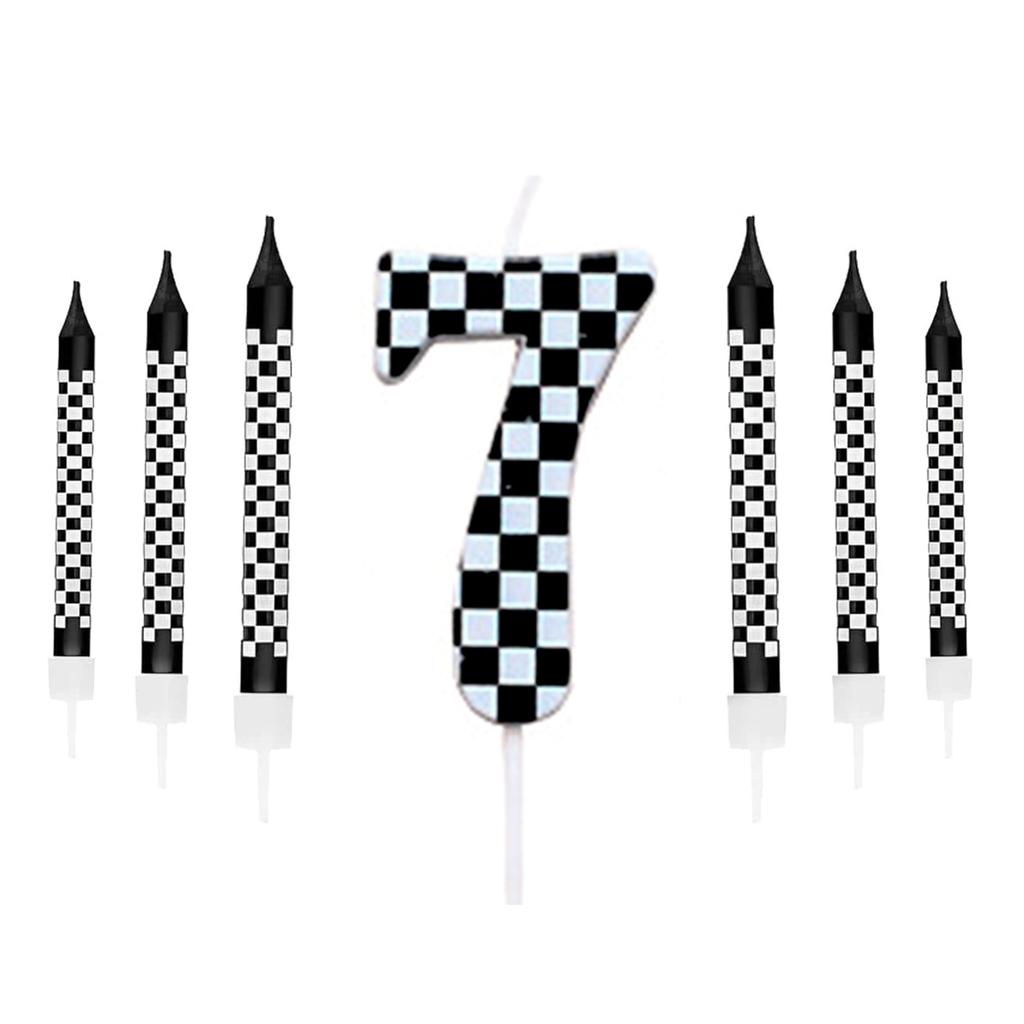 7Pcs Birthday Candles Set,Cake Numeral Candles,Racing Cars Themed Birthday Candles for Cake Candle Checkered Decoration
