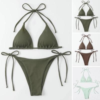 2 Adet/Takım Yivli Sırtı Açık Destekli Bikini Seti Halter Üçgen Sütyen Yan Bağcıklı