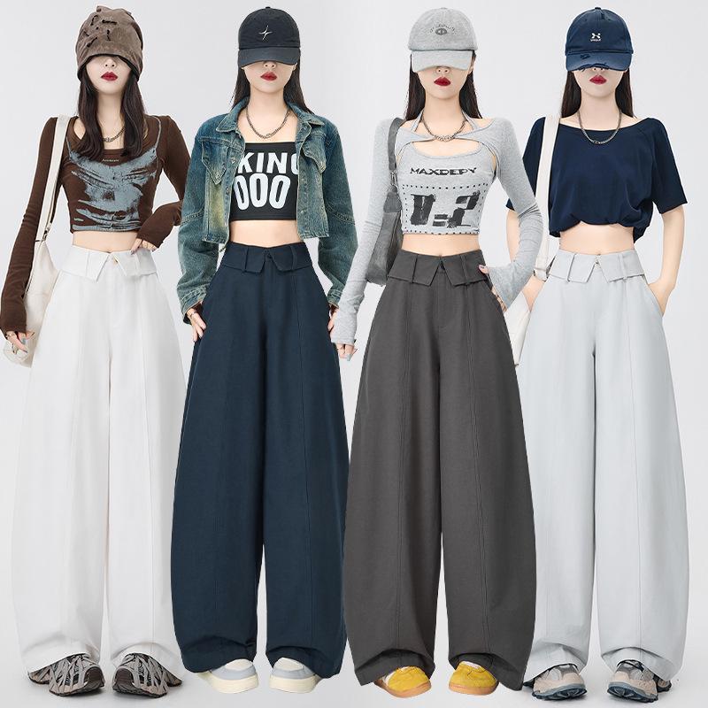 American-Style Ruffled Waistband Cargo Pants: 2026 Fashionable Slimming Women's Wide-Leg Balloon Pants for Spring/Summer