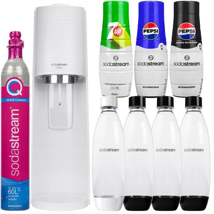 Soda Maker - SodaStream - Terra White - 4 Bottles 1L - 3 Pepsi 7Up Syrups - QuickConnect Capsule