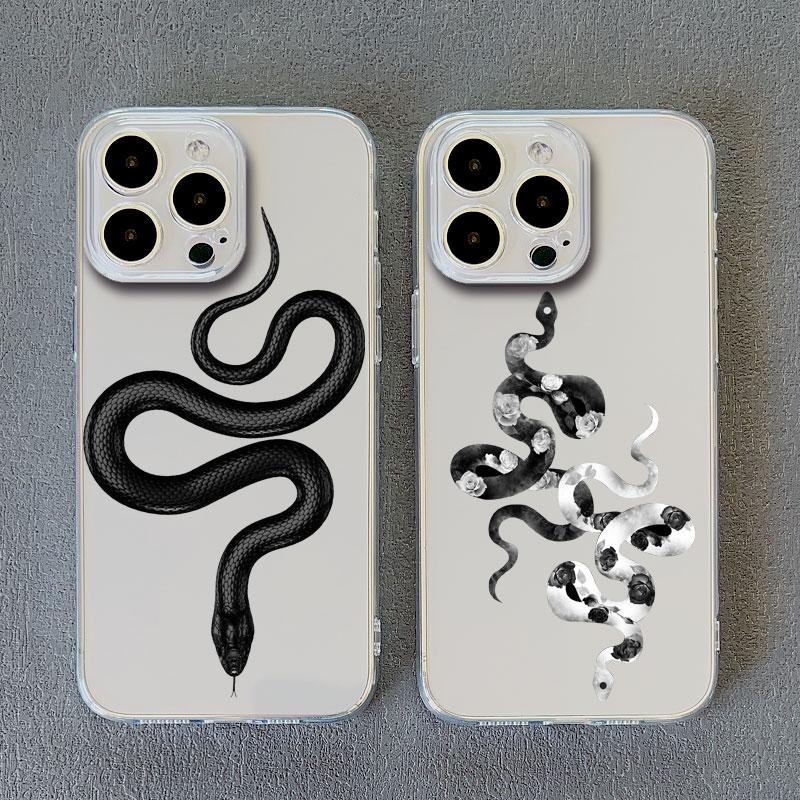 Luxurious Black White Flower Snake Clear Phone Case for IPhone X XR XS 14 13 12 11 Pro Max Mini 7 8Plus Unique Dragon Back Cover