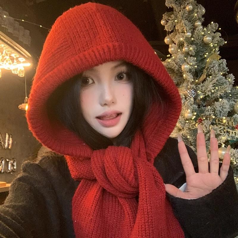 

Korean Balaclava Bonnet Skullies Beanies Women One-piece Knitted Thickened Warm Neck Protection Winter Accessories Elastic Cozy красный