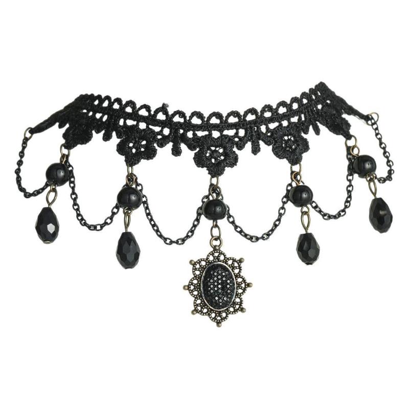 Gothic Punk Sexy Lace Black  Pendent Necklace For Women Teens Girls Rivet Flower Collar Necklace Rock Jewelry Gifts Party