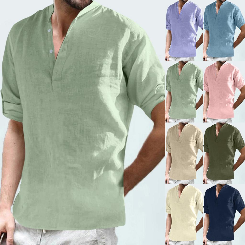 Designer Spring Summer Men's Casual Cotton Linen Solid Color Long Sleeve Shirts Loose Stand Collar Shirts