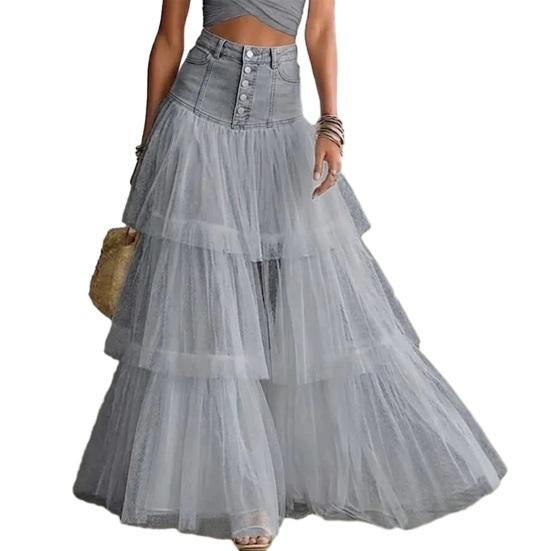 Women Skirt, High Waist Mesh Splicing Skirt, Soft Breathable Patchwork Hip Covering Versatile Maxi Skirt for Party Beach Wedding Night Out