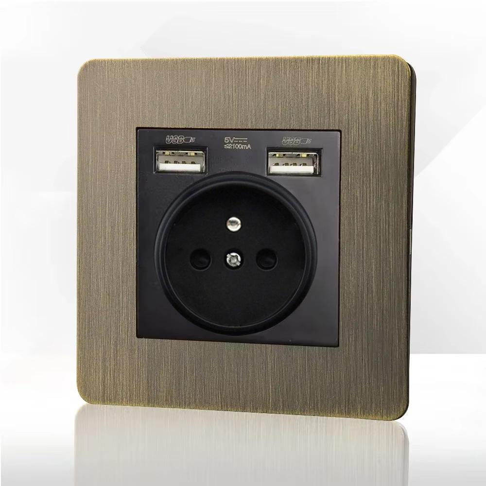 Retro Eu Metal Panel Wall Toggle Light Switch Socket,Bronzed Antique Stainless Steel German 16A Socket with USB Phone Charging