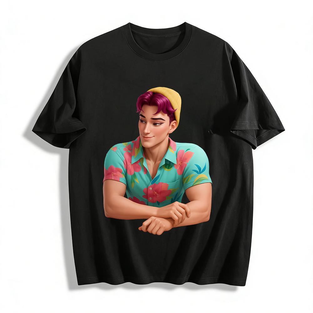 

Hawaiian Vacation Style Printed Short Sleeve Shirt Cool Character Pattern Loose Casual Unisex Top Pure cotton T-shirt XXS