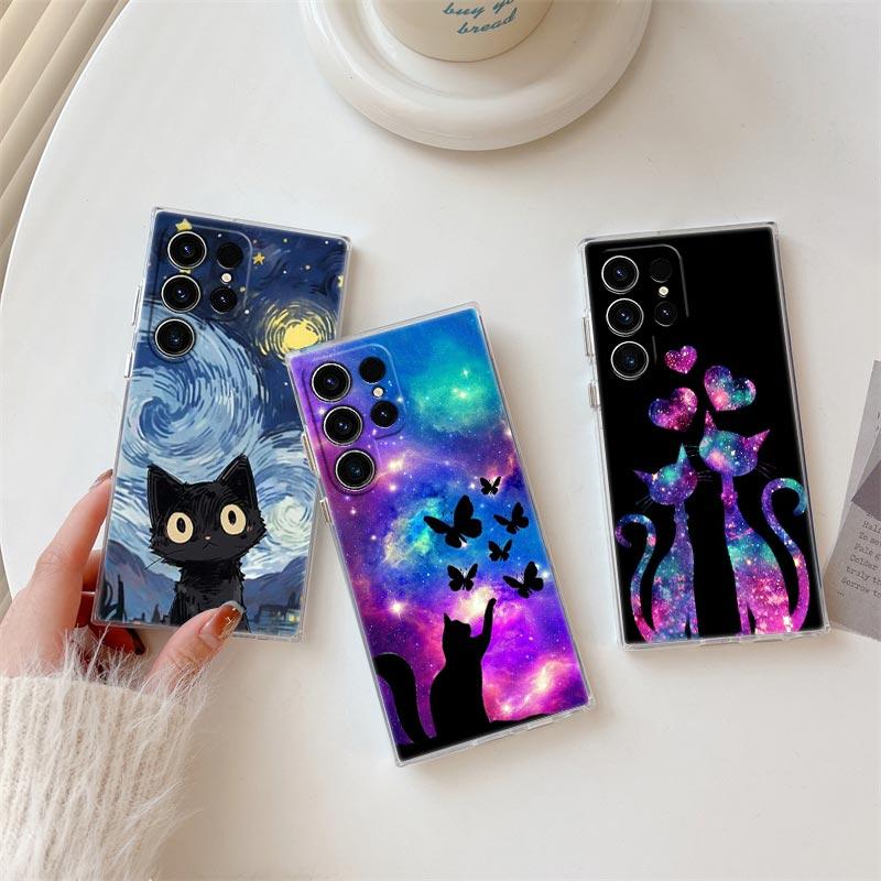 Funny Cartoon Cat Phone Case S25Ultra For Samsung Galaxy S25 S24 S23 S21 Ultra S20 FE S22 Plus A35 A55 S24FE 5G Case Clear Cover
