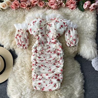 French Small Line Shoulder Sexy Backless Pleats Cover Buttock Slim Floral Dress