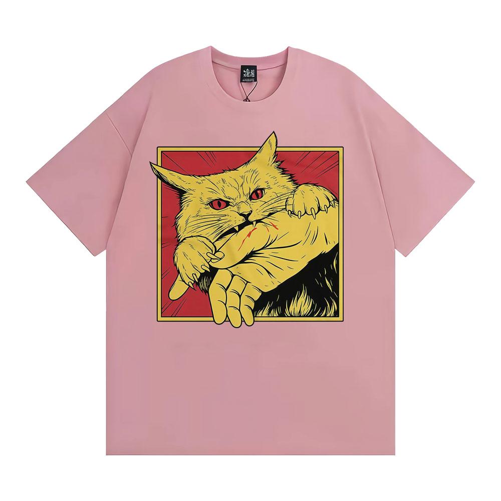 Angry Cat Biting Hand Funny Meme Tee Shirt Unisex Fashion Vintage Oversized T Shirt Men Summer Tops High Quality Cotton Tshirts