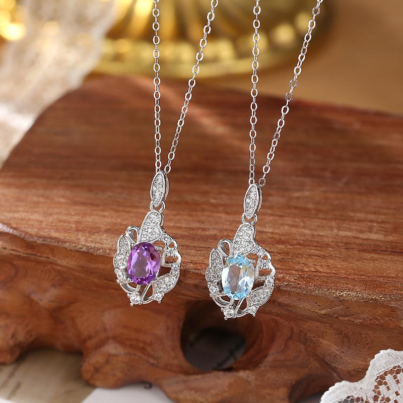 S925 Sterling Silver Necklace Women's Natural Crystal Stone Topaz Pendant Light Luxury Color Treasure High-end Clavicle Chain