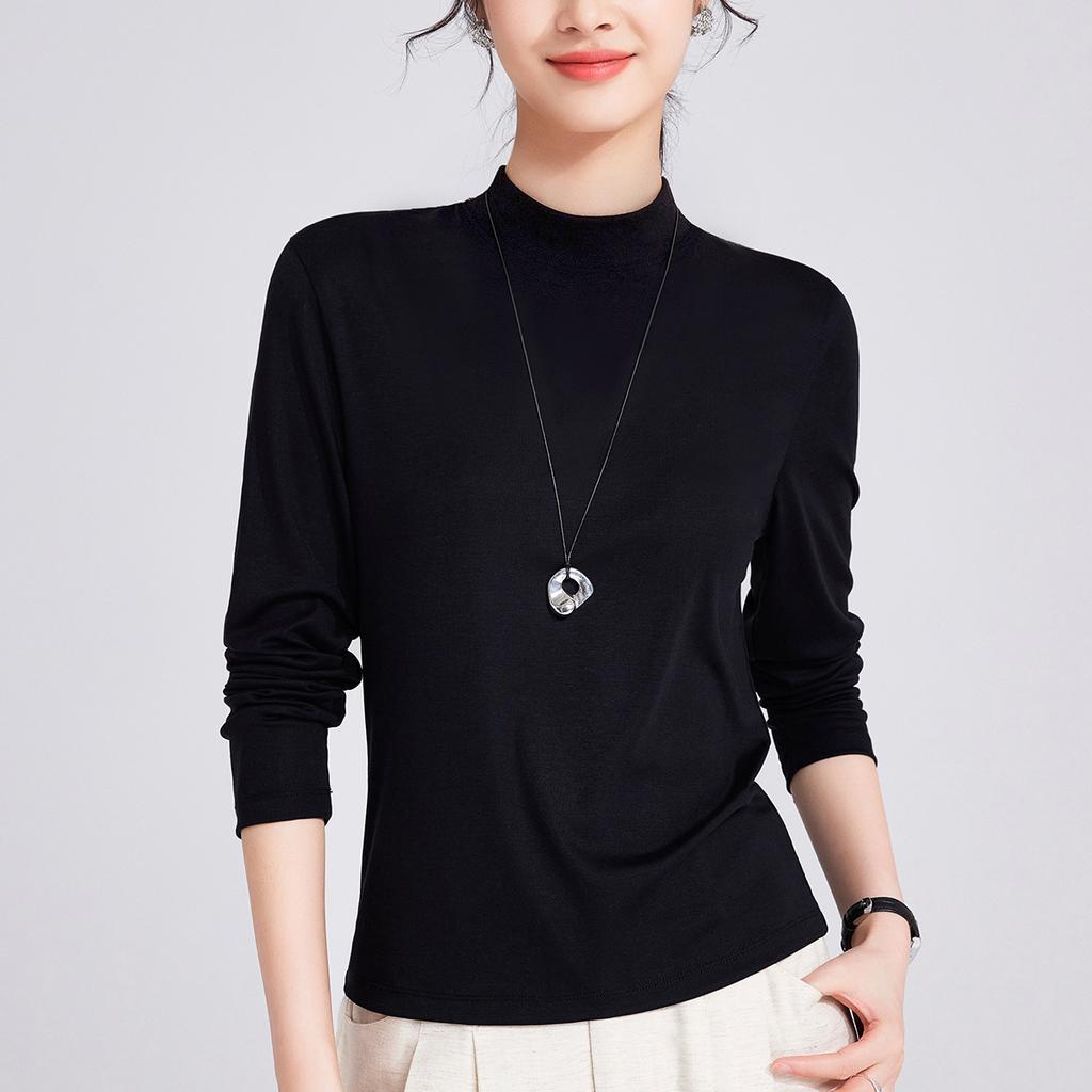 Black Long-sleeved Half-turtleneck Woman, New High-elastic Niche Design Sense Tencel Top Bottoming Shirt, Spring and Autumn Inner