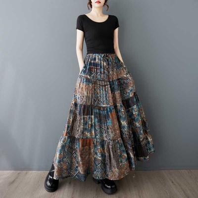Artistic Retro Printed Tencel Large Swing Skirt for Women