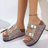 Women S Rhinestone Beach Slides Double Buckle Thick Sole Soft Cork Summer