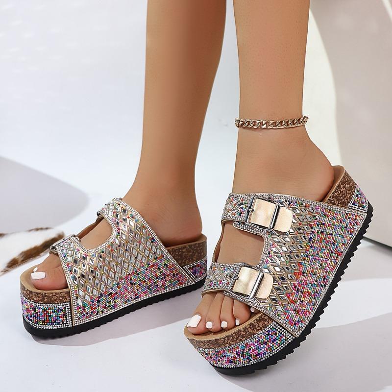 Women S Rhinestone Beach Slides Double Buckle Thick Sole Soft Cork Summer