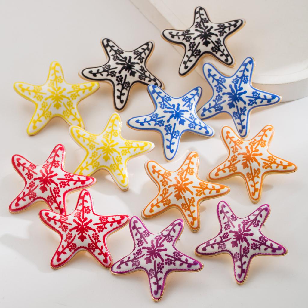 Colorful Blue and White Porcelain Starfish Earrings Unique Niche Design Beach Vacation Style Earrings for Women