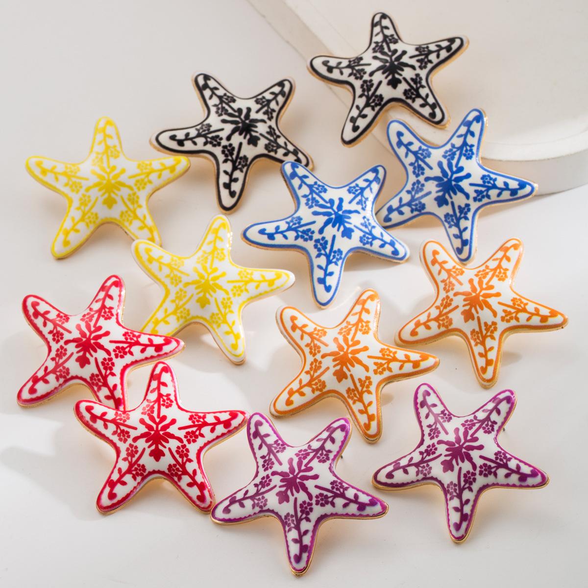 

Colorful Blue and White Porcelain Starfish Earrings Unique Niche Design Beach Vacation Style Earrings for Women помаранчевий