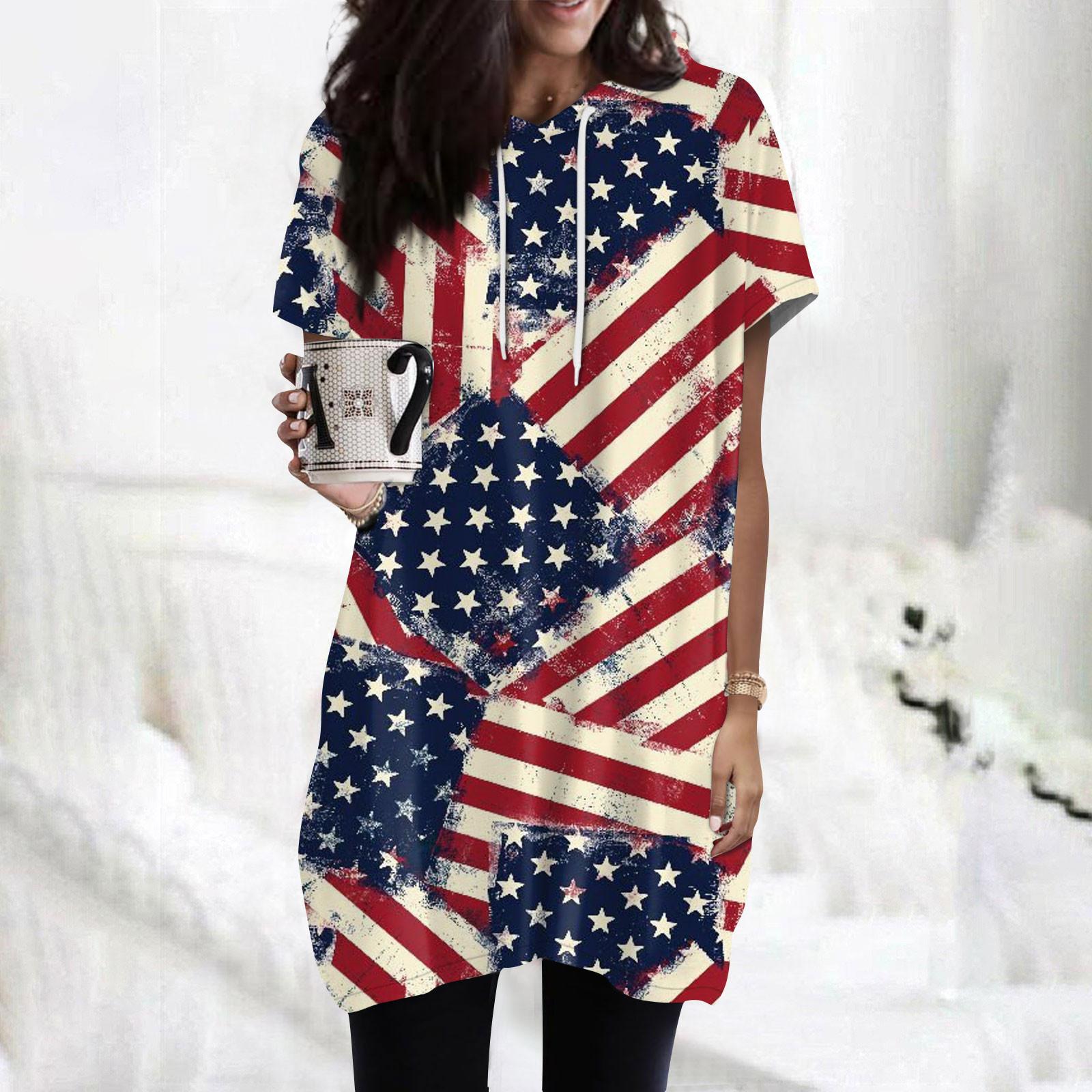 

Жіночі толстовки Повсякденні сорочки з короткими рукавами Модні туніки з принтом до Дня Незалежності з кишенями XL винний