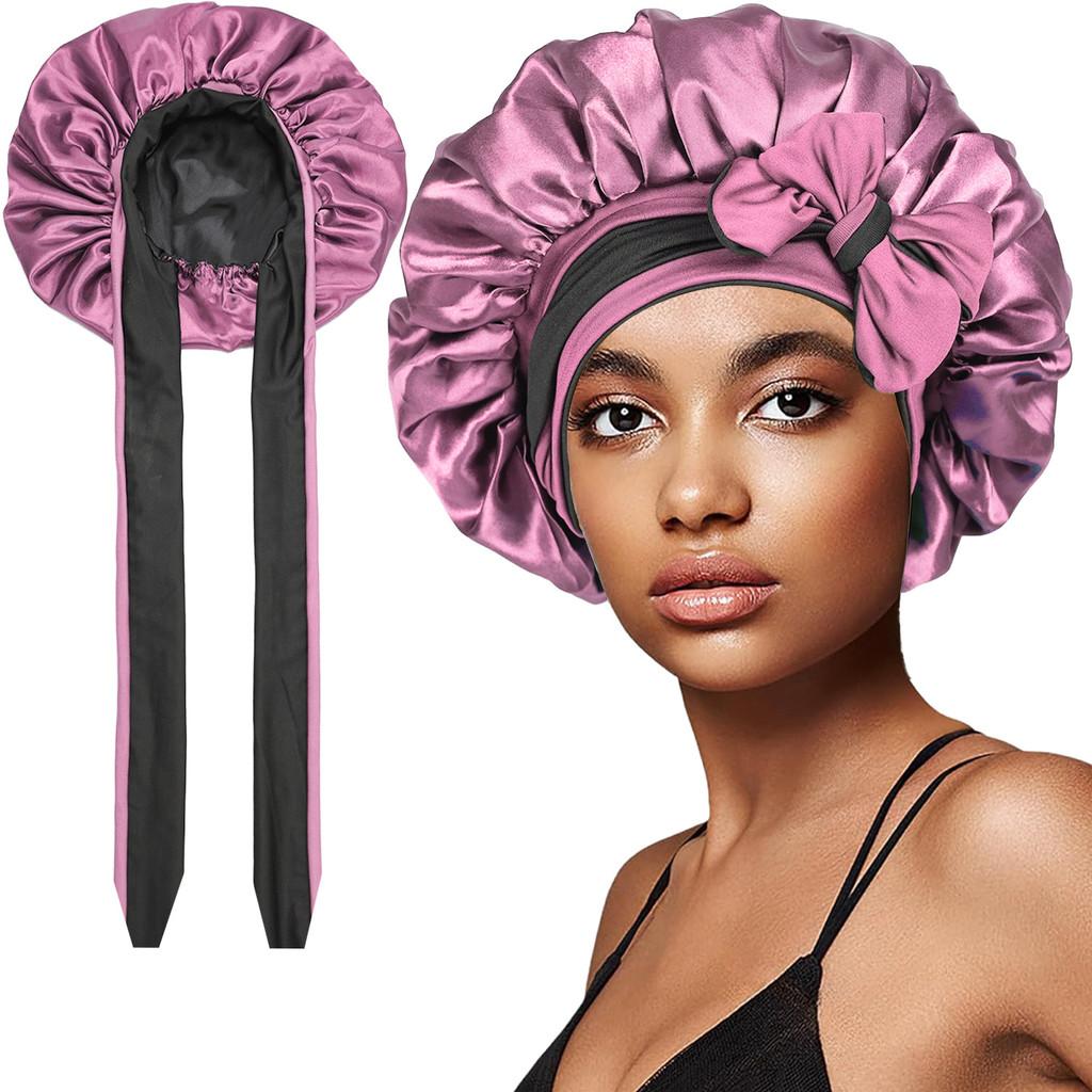 Polyester Double Layer Satin Sleep Cap With Bow Tie For Women And All Seasons Comfort
