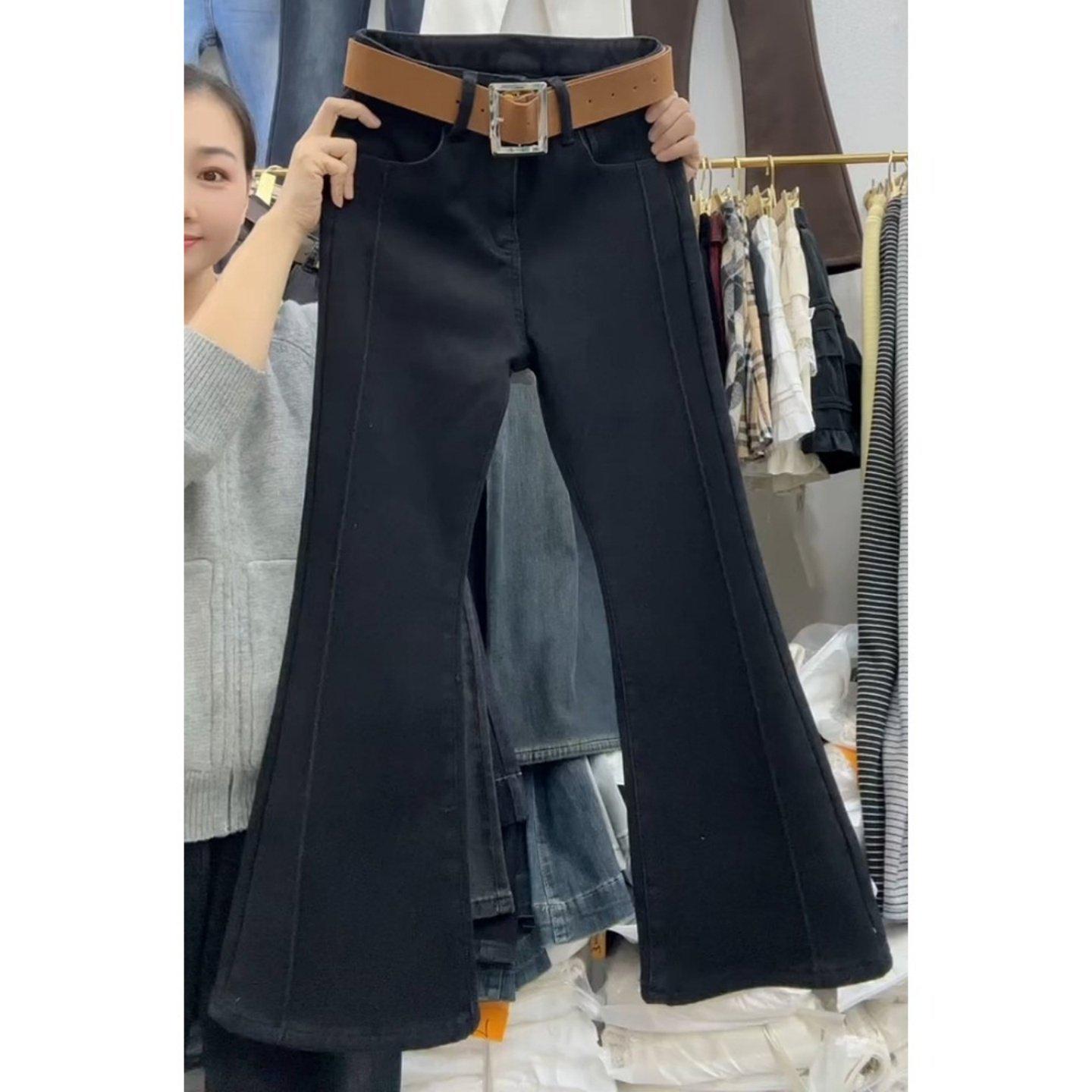 

Women s 2025 Winter Black Plush Wide-Leg Jeans - Stylish & Versatile Korean Design 3XL (recommended 140-160 catties)