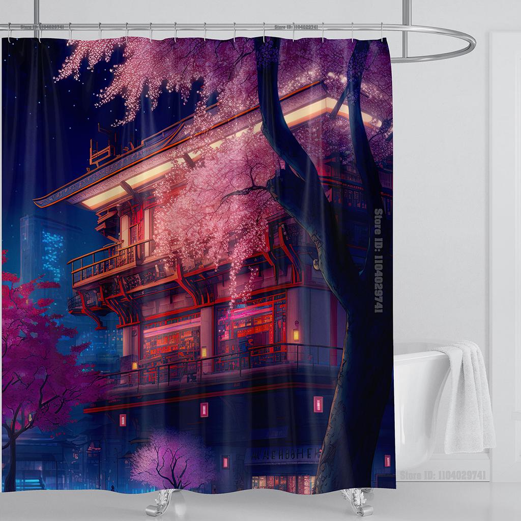 Illustration Japanese Chinese Style Art Print Polyester Washable Waterproof Shower Curtain Bathroom Decoration Bathtub With Hook