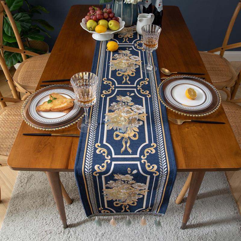Nordischer Polyester Tischläufer Rechteck Stickerei Blume Staubdicht Quaste Schreibtischdecke Dekor