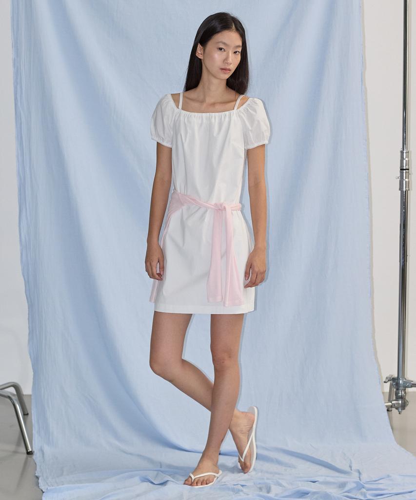 City Breeze Square Neck Off-Shoulder Short Sleeve Dress_White