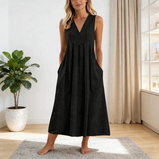 Rochie casual de vară din in pentru femei, fără mâneci, cu decolteu în V, rochie de soare lejeră, croială A, tip maiou, midi, cu buzunar