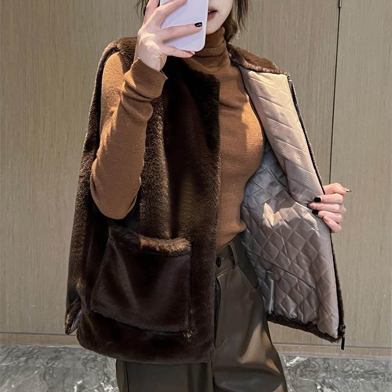 Fur Vest Female Winter Zipper Leisure Cotton Sleeveless Solid Color Top Coat Vest