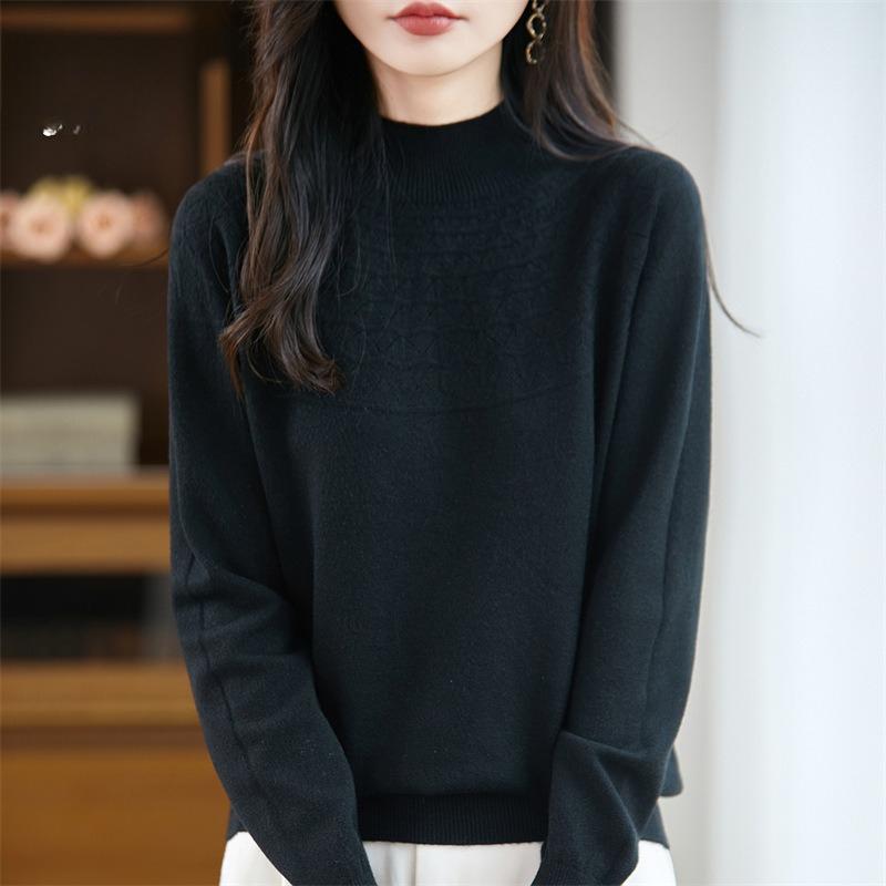 A New Style of Women's Autumn and Winter Hollowed-out Knitted Sweater Paired with A Base Layer A Pullover Long-sleeved and Semi-high-neck Sweater
