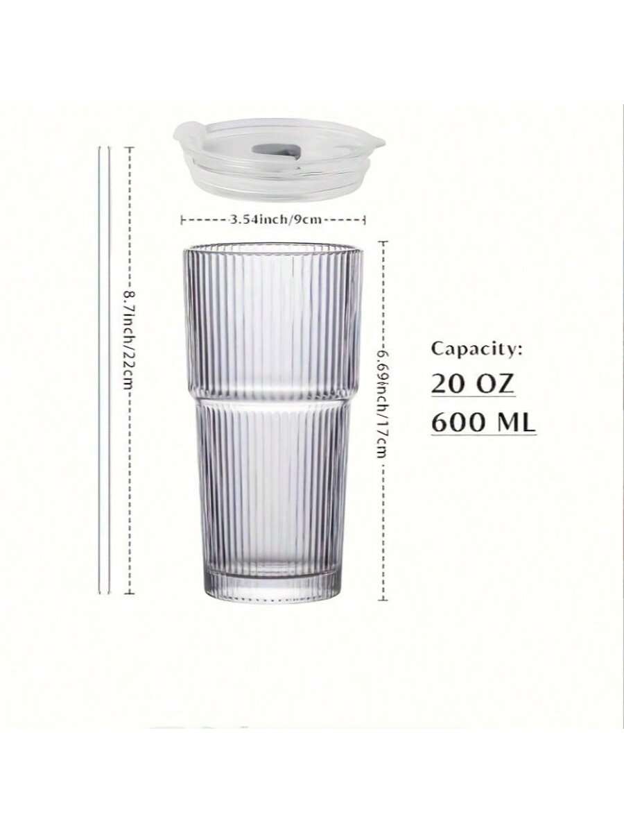 

1Pc Large Capacity Fashionable Striped Glass with Straw and Lid, 20.29 Ounce Coffee, Tea, Whiskey Drinking Glass, Durable 600ml 501-600ml