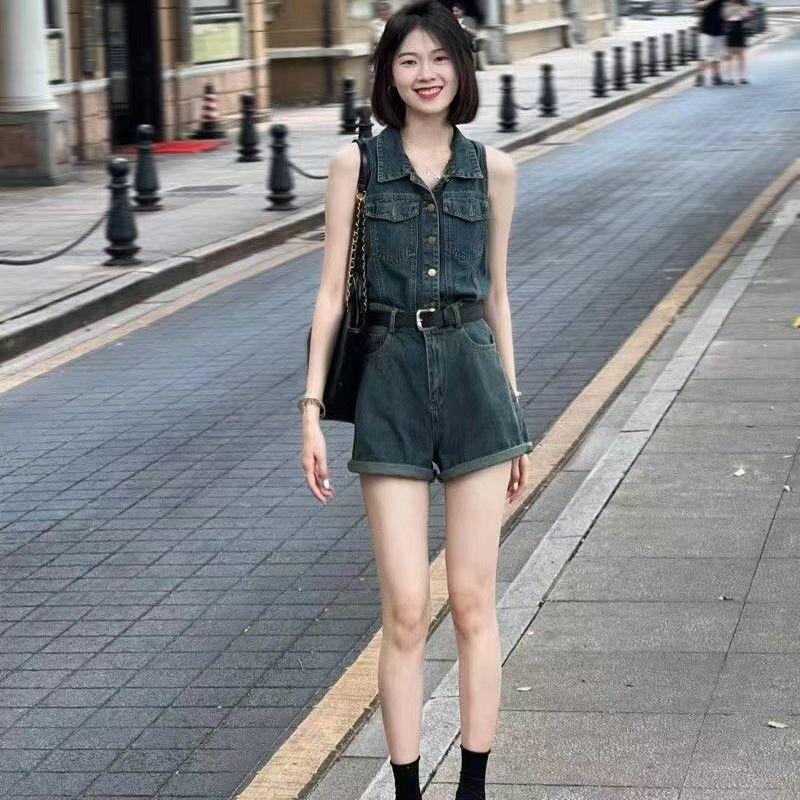 

Spicy Girl Hong Kong-Style Petite Denim Vest Jumpsuit Shorts for Summer 2025 M (90-105 lbs)