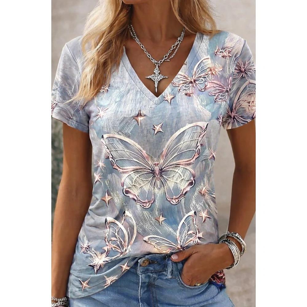 3D butterfly print short sleeved T-shirt loose casual shirt XS
