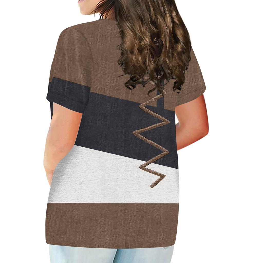 Fashion Short Sleeve Shirt Round Neck Plus Size T-Shirt Geometric Splicing Printed Casual Tops For Women