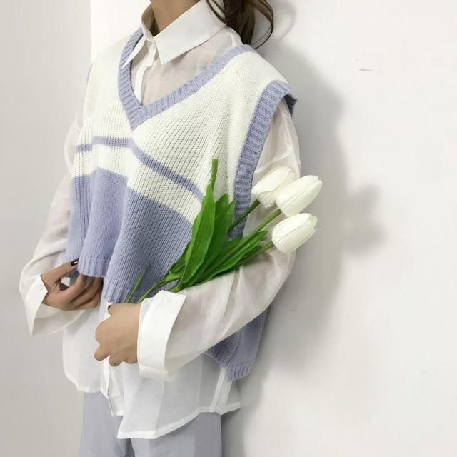 

Свитер, жилет, женский простой трикотаж, фиолетовый, белый, кавайный, повседневный, шикарный, консервативный стиль, корейский, универсальный, свободный, без рукавов, осень, ретро M фиолетовый светлый