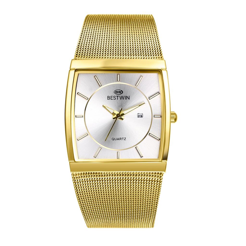 Quadratische Uhr mit Edelstahl-Mesh, Leuchtzeiger, Analog, 3 ATM Wasserdicht, Quarz und modisches Accessoire, perfekt für oder als Geschenk für den Freund, Herrenarmband,