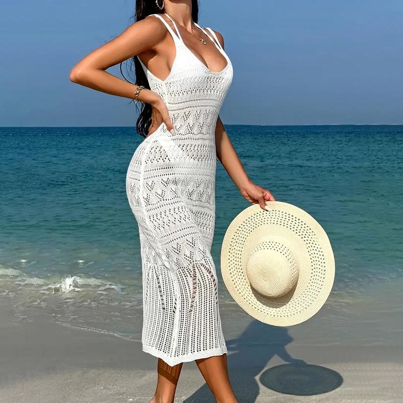 

Новая пляжная блузка сексуальная вязаная с вырезами на длинных бретелях с открытой спиной рубашка-платье L белый