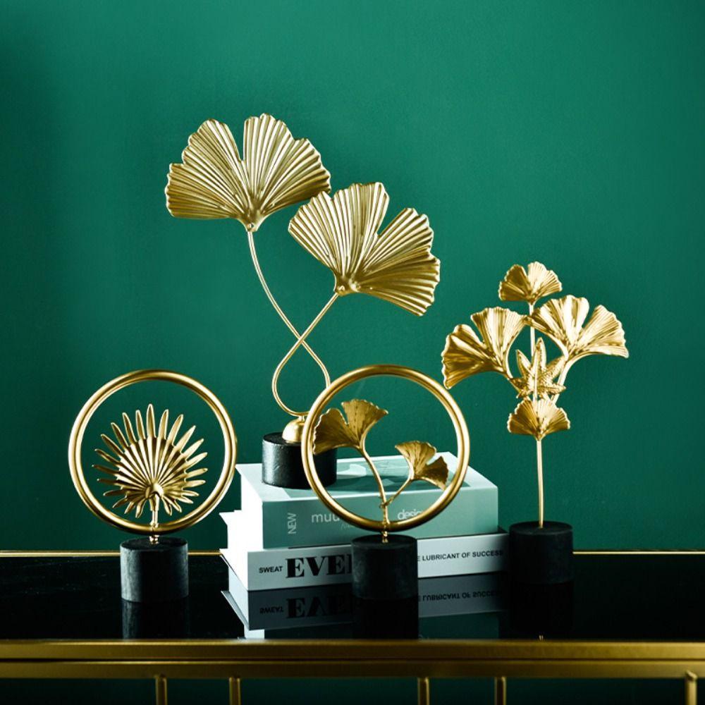 Wooden Base Nordic Style Iron Arts Crafts Ginkgo Leaf Ornaments Desktop Ornaments Leaves Sculpture